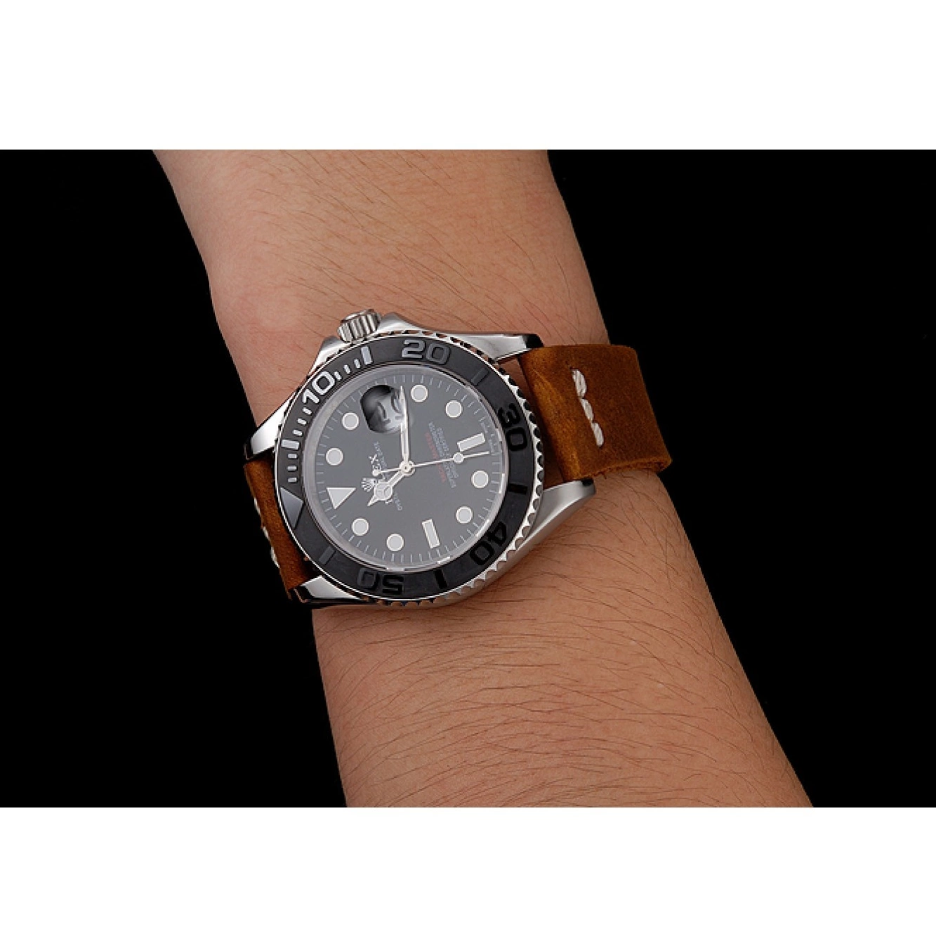 Aaa replica Rolex Master Yacht Black Case Bracelet 1453859 Dial Brown Leather Silver 0622
